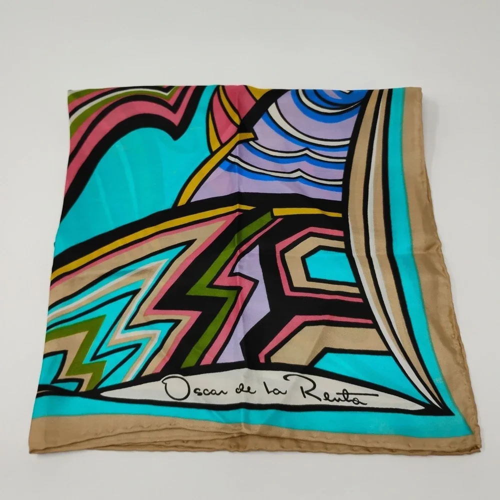 Vintage Oscar de la Renta Silk Scarf Kabuki Print Abstract Multicolor 22